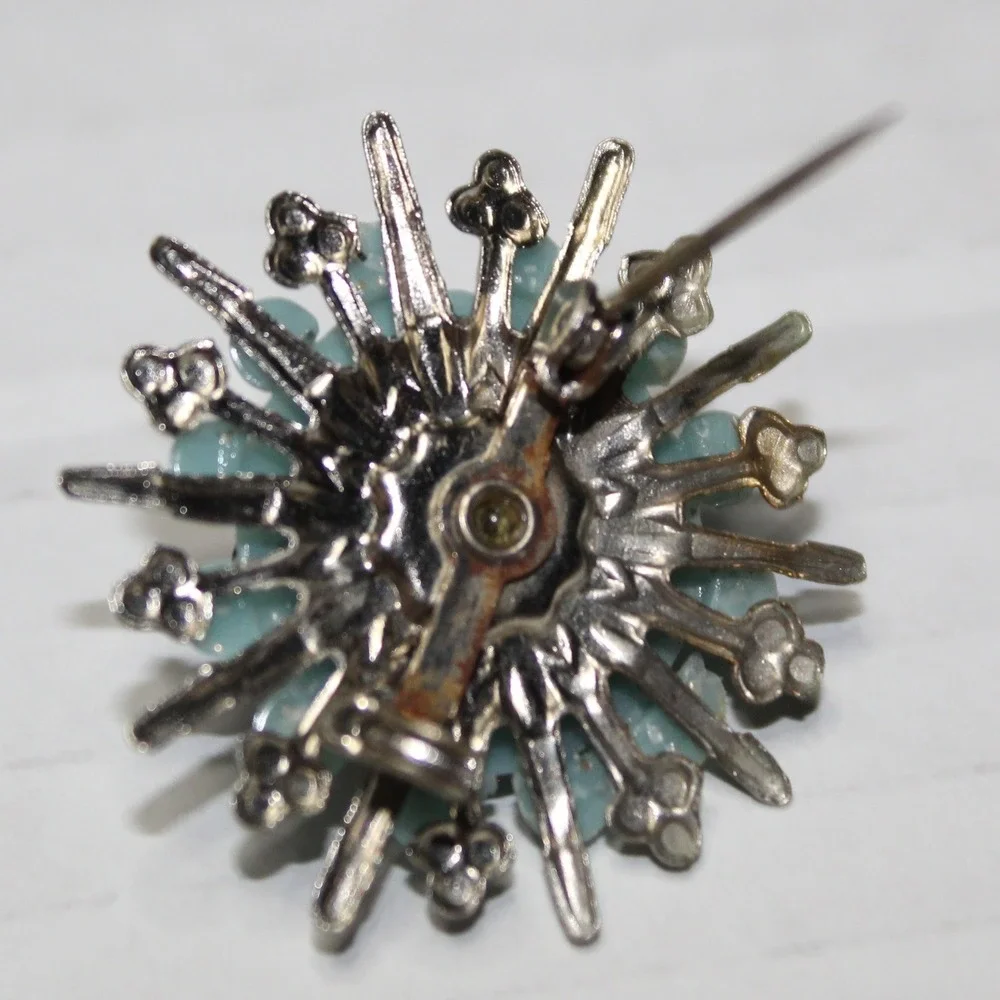Vintage Brooch Sunburst Faux Turquoise Filigree Starburst OS Light Blue Silver